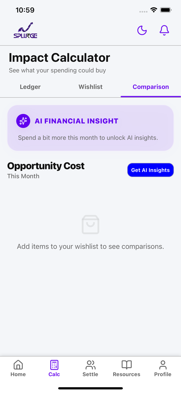Splurge app Impact Calculator comparison tab