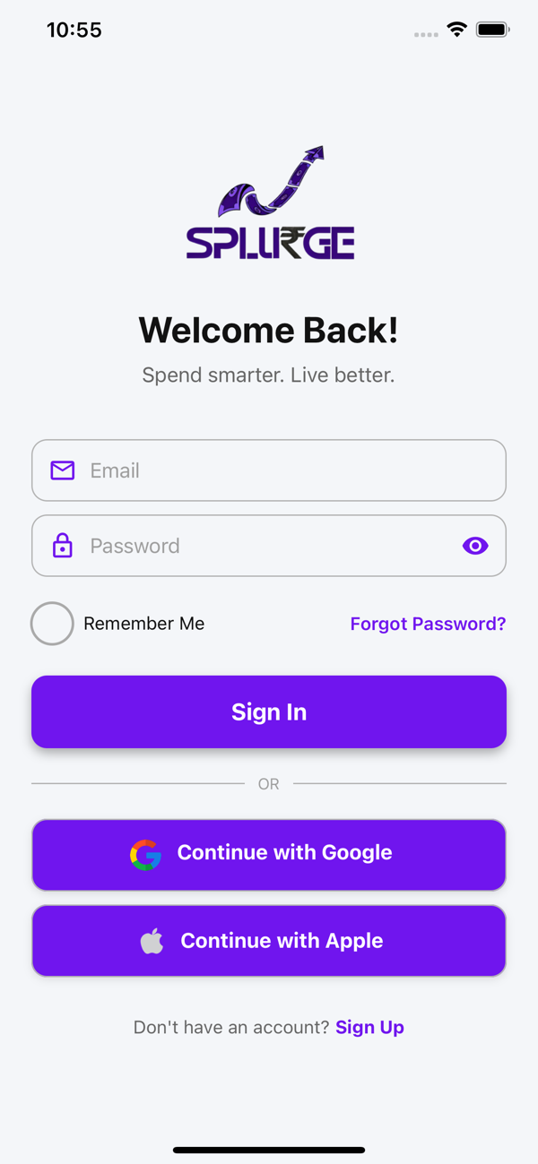 Splurge app welcome screen